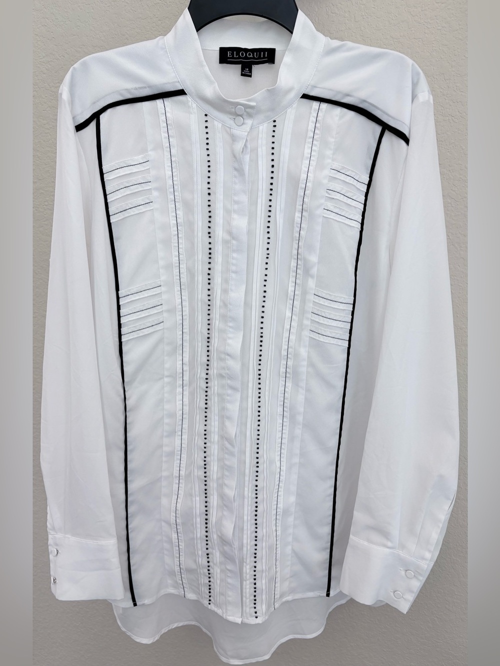 Eloquii White Tuxedo Pintuck Blouse with Black Beaded Trim & Piping Size 18
